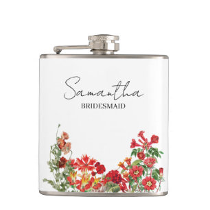 Personalized Bridesmaid Red Floral Wedding Hip Flask
