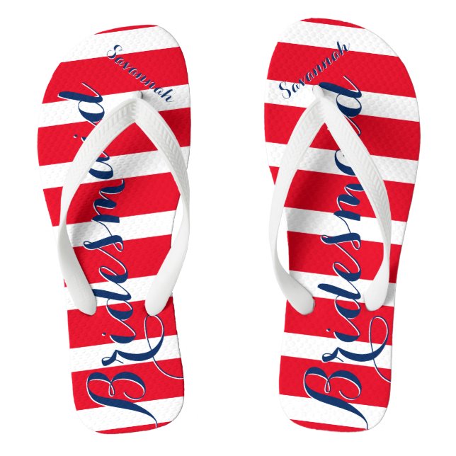Personalized Bridesmaid Red White Blue Flip Flops (Footbed)