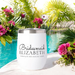 Personalized Bridesmaid Script Wedding<br><div class="desc">Custom wedding wine tumbler for your bridal party features "bridesmaid" in elegant, classic calligraphy script typography with your bridesmaid's name beneath along with a text template where you can add the name of the bride and groom and the date. if youd like any other colours then please message me janine...</div>