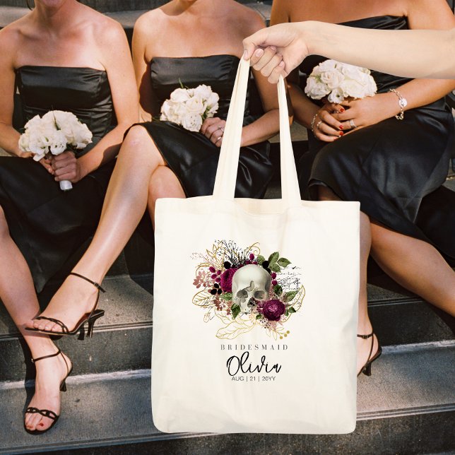 Personalized Bridesmaid Tote Gothic Skull Burgundy (Creator Uploaded)