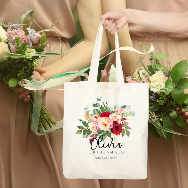 Personalized Bridesmaid Tote | Red Roses Pink Bag (Creator Uploaded)