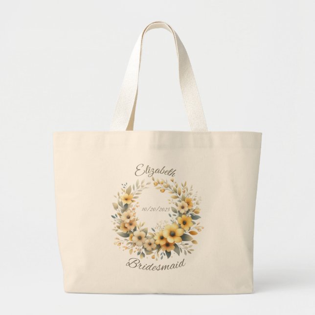 Personalized Bridesmaid Yellow Wreath Tote Bag (Front)