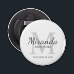 Personalized Bridesmaid's Monogram and Name Bottle Opener<br><div class="desc">Personalized Bridesmaids Gifts features personalized bridesmaid's name in grey classic script font style and monogram in light grey classic serif font style as background with title and wedding date in grey classic serif font style on white background. Also perfect for maid of honour, flower girl, mother of the bride and...</div>