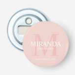 Personalized Bridesmaid's Monogram and Name Bottle Opener<br><div class="desc">Add a personal touch to your wedding with personalized bridesmaid's monogram and name gift. This design features personalized bridesmaid's name with title and wedding date in white and monogram in blush pink as background, in classic serif font style, on blush pink background. Also perfect for maid of honour, mother of...</div>