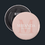 Personalized Bridesmaid's Monogram and Name Bottle Opener<br><div class="desc">Add a personal touch to your wedding with personalized bridesmaid's monogram and name gift. This design features personalized bridesmaid's name with title and wedding date in white and monogram in blush pink as background, in classic serif font style, on blush pink background. Also perfect for maid of honour, mother of...</div>