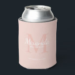 Personalized Bridesmaid's Monogram and Name Can Cooler<br><div class="desc">Personalized Bridesmaids Gifts features personalized bridesmaid's name in white classic script font style and monogram in blush pink classic serif font style as background with title and wedding date in white classic serif font style on blush pink background. Also perfect for maid of honour, flower girl, mother of the bride...</div>