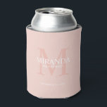 Personalized Bridesmaid's Monogram and Name Can Cooler<br><div class="desc">Add a personal touch to your wedding with personalized bridesmaid's monogram and name gift. This design features personalized bridesmaid's name with title and wedding date in white and monogram in blush pink as background, in classic serif font style, on blush pink background. Also perfect for maid of honour, mother of...</div>