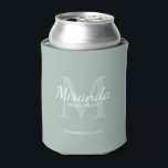 Personalized Bridesmaid's Monogram and Name Can Cooler<br><div class="desc">Personalized Bridesmaids Gifts features personalized bridesmaid's name in white classic script font style and monogram in sage green classic serif font style as background with title and wedding date in white classic serif font style on sage green background. Also perfect for maid of honour, flower girl, mother of the bride...</div>