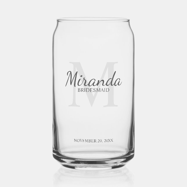 Personalized Bridesmaid's Monogram and Name Can Glass (Front)