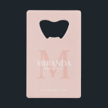 Personalized Bridesmaid's Monogram and Name Credit Card Bottle Opener<br><div class="desc">Add a personal touch to your wedding with personalized bridesmaid's monogram and name gift. This design features personalized bridesmaid's name with title and wedding date in white and monogram in blush pink as background, in classic serif font style, on blush pink background. Also perfect for maid of honour, mother of...</div>