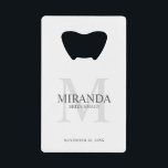 Personalized Bridesmaid's Monogram and Name Credit Card Bottle Opener<br><div class="desc">Add a personal touch to your wedding with personalized bridesmaid's monogram and name gift. This design features personalized bridesmaid's name with title and wedding date in grey and monogram in light grey as background, in classic serif font style, on white background. Also perfect for maid of honour, mother of the...</div>