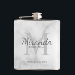 Personalized Bridesmaid's Monogram and Name Hip Flask<br><div class="desc">Personalized Bridesmaids Gifts features personalized bridesmaid's name in grey classic script font style and monogram in light grey classic serif font style as background with title and wedding date in grey classic serif font style on white marble background. Also perfect for maid of honour, flower girl, mother of the bride...</div>
