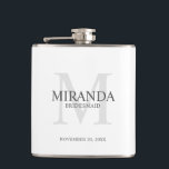 Personalized Bridesmaid's Monogram and Name Hip Flask<br><div class="desc">Add a personal touch to your wedding with personalized bridesmaid's monogram and name gift. This design features personalized bridesmaid's name with title and wedding date in grey and monogram in light grey as background, in classic serif font style, on white background. Also perfect for maid of honour, mother of the...</div>