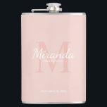 Personalized Bridesmaid's Monogram and Name Hip Flask<br><div class="desc">Personalized Bridesmaids Gifts features personalized bridesmaid's name in white classic script font style and monogram in blush pink classic serif font style as background with title and wedding date in white classic serif font style on blush pink background. Also perfect for maid of honour, flower girl, mother of the bride...</div>