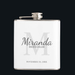 Personalized Bridesmaid's Monogram and Name Hip Flask<br><div class="desc">Personalized Bridesmaids Gifts features personalized bridesmaid's name in grey classic script font style and monogram in light grey classic serif font style as background with title and wedding date in grey classic serif font style on white background. Also perfect for maid of honour, flower girl, mother of the bride and...</div>