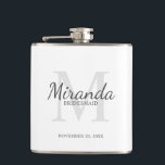 Personalized Bridesmaid's Monogram and Name Hip Flask<br><div class="desc">Personalized Bridesmaids Gifts features personalized bridesmaid's name in grey classic script font style and monogram in light grey classic serif font style as background with title and wedding date in grey classic serif font style on white background. Also perfect for maid of honour, flower girl, mother of the bride and...</div>