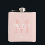 Personalized Bridesmaid's Monogram and Name Hip Flask<br><div class="desc">Add a personal touch to your wedding with personalized bridesmaid's monogram and name gift. This design features personalized bridesmaid's name with title and wedding date in white and monogram in blush pink as background, in classic serif font style, on blush pink background. Also perfect for maid of honour, mother of...</div>