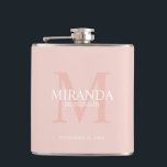 Personalized Bridesmaid's Monogram and Name Hip Flask<br><div class="desc">Add a personal touch to your wedding with personalized bridesmaid's monogram and name gift. This design features personalized bridesmaid's name with title and wedding date in white and monogram in blush pink as background, in classic serif font style, on blush pink background. Also perfect for maid of honour, mother of...</div>