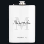 Personalized Bridesmaid's Monogram and Name Hip Flask<br><div class="desc">Personalized Bridesmaids Gifts features personalized bridesmaid's name in grey classic script font style and monogram in light grey classic serif font style as background with title and wedding date in grey classic serif font style on white background. Also perfect for maid of honour, flower girl, mother of the bride and...</div>