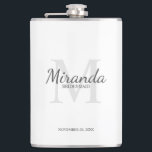 Personalized Bridesmaid's Monogram and Name Hip Flask<br><div class="desc">Personalized Bridesmaids Gifts features personalized bridesmaid's name in grey classic script font style and monogram in light grey classic serif font style as background with title and wedding date in grey classic serif font style on white background. Also perfect for maid of honour, flower girl, mother of the bride and...</div>