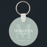 Personalized Bridesmaid's Monogram and Name Keychain<br><div class="desc">Add a personal touch to your wedding with personalized bridesmaid's monogram and name gift. This design features personalized bridesmaid's name with title and wedding date in white and monogram in sage green as background, in classic serif font style, on sage green background. Also perfect for maid of honour, mother of...</div>