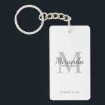 Personalized Bridesmaid's Monogram and Name Keychain<br><div class="desc">Personalized Bridesmaids Gifts features personalized bridesmaid's name in grey classic script font style and monogram in light grey classic serif font style as background with title and wedding date in grey classic serif font style on white background. Also perfect for maid of honour, flower girl, mother of the bride and...</div>