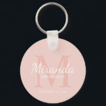 Personalized Bridesmaid's Monogram and Name Keychain<br><div class="desc">Personalized Bridesmaids Gifts features personalized bridesmaid's name in white classic script font style and monogram in blush pink classic serif font style as background with title and wedding date in white classic serif font style on blush pink background. Also perfect for maid of honour, flower girl, mother of the bride...</div>