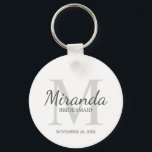 Personalized Bridesmaid's Monogram and Name Keychain<br><div class="desc">Personalized Bridesmaids Gifts features personalized bridesmaid's name in grey classic script font style and monogram in light grey classic serif font style as background with title and wedding date in grey classic serif font style on white background. Also perfect for maid of honour, flower girl, mother of the bride and...</div>