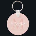 Personalized Bridesmaid's Monogram and Name Keychain<br><div class="desc">Add a personal touch to your wedding with personalized bridesmaid's monogram and name gift. This design features personalized bridesmaid's name with title and wedding date in white and monogram in blush pink as background, in classic serif font style, on blush pink background. Also perfect for maid of honour, mother of...</div>