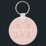 Personalized Bridesmaid's Monogram and Name Keychain<br><div class="desc">Add a personal touch to your wedding with personalized bridesmaid's monogram and name gift. This design features personalized bridesmaid's name with title and wedding date in white and monogram in blush pink as background, in classic serif font style, on blush pink background. Also perfect for maid of honour, mother of...</div>