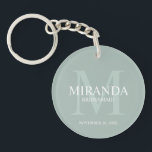 Personalized Bridesmaid's Monogram and Name Keychain<br><div class="desc">Add a personal touch to your wedding with personalized bridesmaid's monogram and name gift. This design features personalized bridesmaid's name with title and wedding date in white and monogram in sage green as background, in classic serif font style, on sage green background. Also perfect for maid of honour, mother of...</div>