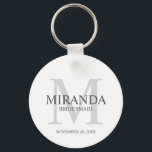 Personalized Bridesmaid's Monogram and Name Keychain<br><div class="desc">Add a personal touch to your wedding with personalized bridesmaid's monogram and name gift. This design features personalized bridesmaid's name with title and wedding date in grey and monogram in light grey as background, in classic serif font style, on white background. Also perfect for maid of honour, mother of the...</div>