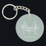 Personalized Bridesmaid's Monogram and Name Keychain<br><div class="desc">Personalized Bridesmaids Gifts features personalized bridesmaid's name in white classic script font style and monogram in sage green classic serif font style as background with title and wedding date in white classic serif font style on sage green background. Also perfect for maid of honour, flower girl, mother of the bride...</div>