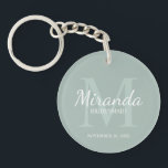 Personalized Bridesmaid's Monogram and Name Keychain<br><div class="desc">Personalized Bridesmaids Gifts features personalized bridesmaid's name in white classic script font style and monogram in sage green classic serif font style as background with title and wedding date in white classic serif font style on sage green background. Also perfect for maid of honour, flower girl, mother of the bride...</div>