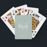 Personalized Bridesmaid's Monogram and Name Playing Cards<br><div class="desc">Personalized Bridesmaids Gifts features personalized bridesmaid's name in white classic script font style and monogram in sage green classic serif font style as background with title and wedding date in white classic serif font style on sage green background. Also perfect for maid of honour, flower girl, mother of the bride...</div>