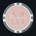 Personalized Bridesmaid's Monogram and Name Poker Chips<br><div class="desc">Personalized Bridesmaids Gifts features personalized bridesmaid's name in white classic script font style and monogram in blush pink classic serif font style as background with title and wedding date in white classic serif font style on blush pink background. Also perfect for maid of honour, flower girl, mother of the bride...</div>