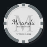 Personalized Bridesmaid's Monogram and Name Poker Chips<br><div class="desc">Personalized Bridesmaids Gifts features personalized bridesmaid's name in grey classic script font style and monogram in light grey classic serif font style as background with title and wedding date in grey classic serif font style on white background. Also perfect for maid of honour, flower girl, mother of the bride and...</div>