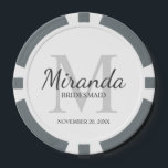 Personalized Bridesmaid's Monogram and Name Poker Chips<br><div class="desc">Personalized Bridesmaids Gifts features personalized bridesmaid's name in grey classic script font style and monogram in light grey classic serif font style as background with title and wedding date in grey classic serif font style on white background. Also perfect for maid of honour, flower girl, mother of the bride and...</div>