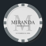 Personalized Bridesmaid's Monogram and Name Poker Chips<br><div class="desc">Add a personal touch to your wedding with personalized bridesmaid's monogram and name gift. This design features personalized bridesmaid's name with title and wedding date in grey and monogram in light grey as background, in classic serif font style, on white background. Also perfect for maid of honour, mother of the...</div>