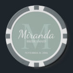 Personalized Bridesmaid's Monogram and Name Poker Chips<br><div class="desc">Personalized Bridesmaids Gifts features personalized bridesmaid's name in white classic script font style and monogram in sage green classic serif font style as background with title and wedding date in white classic serif font style on sage green background. Also perfect for maid of honour, flower girl, mother of the bride...</div>