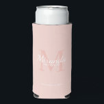 Personalized Bridesmaid's Monogram and Name Seltzer Can Cooler<br><div class="desc">Personalized Bridesmaids Gifts features personalized bridesmaid's name in white classic script font style and monogram in blush pink classic serif font style as background with title and wedding date in white classic serif font style on blush pink background. Also perfect for maid of honour, flower girl, mother of the bride...</div>