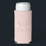 Personalized Bridesmaid's Monogram and Name Seltzer Can Cooler<br><div class="desc">Personalized Bridesmaids Gifts features personalized bridesmaid's name in white classic script font style and monogram in blush pink classic serif font style as background with title and wedding date in white classic serif font style on blush pink background. Also perfect for maid of honour, flower girl, mother of the bride...</div>