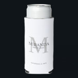 Personalized Bridesmaid's Monogram and Name Seltzer Can Cooler<br><div class="desc">Add a personal touch to your wedding with personalized bridesmaid's monogram and name gift. This design features personalized bridesmaid's name with title and wedding date in grey and monogram in light grey as background, in classic serif font style, on white background. Also perfect for maid of honour, mother of the...</div>