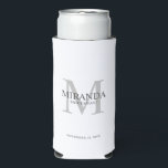 Personalized Bridesmaid's Monogram and Name Seltzer Can Cooler<br><div class="desc">Add a personal touch to your wedding with personalized bridesmaid's monogram and name gift. This design features personalized bridesmaid's name with title and wedding date in grey and monogram in light grey as background, in classic serif font style, on white background. Also perfect for maid of honour, mother of the...</div>