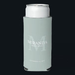 Personalized Bridesmaid's Monogram and Name Seltzer Can Cooler<br><div class="desc">Add a personal touch to your wedding with personalized bridesmaid's monogram and name gift. This design features personalized bridesmaid's name with title and wedding date in white and monogram in sage green as background, in classic serif font style, on sage green background. Also perfect for maid of honour, mother of...</div>