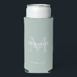 Personalized Bridesmaid's Monogram and Name Seltzer Can Cooler<br><div class="desc">Add a personal touch to your wedding with personalized bridesmaid's monogram and name gift. This design features personalized bridesmaid's name with title and wedding date in white and monogram in sage green as background, in classic serif font style, on sage green background. Also perfect for maid of honour, mother of...</div>