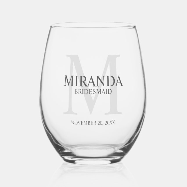 Personalized Bridesmaid's Monogram and Name Stemless Wine Glass (Front)