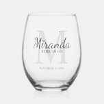 Personalized Bridesmaid's Monogram and Name Stemless Wine Glass<br><div class="desc">Personalized Bridesmaids Gifts
features personalized bridesmaid's name in grey classic script font style and monogram in light grey classic serif font style as background with title and wedding date in grey classic serif font style.

Also perfect for maid of honour,  flower girl,  mother of the bride and more.</div>
