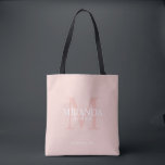 Personalized Bridesmaid's Monogram and Name Tote Bag<br><div class="desc">Add a personal touch to your wedding with personalized bridesmaid's monogram and name gift. This design features personalized bridesmaid's name with title and wedding date in white and monogram in blush pink as background, in classic serif font style, on blush pink background. Also perfect for maid of honour, mother of...</div>