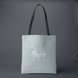 Personalized Bridesmaid's Monogram and Name Tote Bag<br><div class="desc">Personalized Bridesmaids Gifts features personalized bridesmaid's name in white classic script font style and monogram in sage green classic serif font style as background with title and wedding date in white classic serif font style on sage green background. Also perfect for maid of honour, flower girl, mother of the bride...</div>